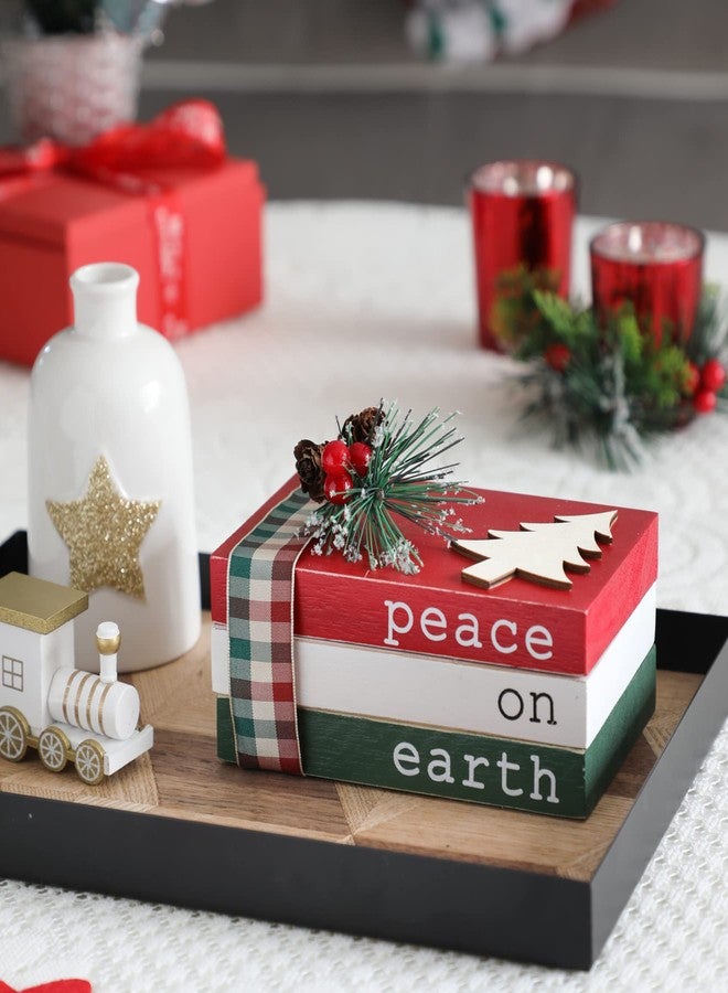KORMMCO Christmas Wood Book Stack, Christmas Tiered Tray Decor, Peace on Earth Mini Faux Decorative Books with Pine Berry, Farmhouse Book Decor for Home Table Mantle Shelf - Image 5